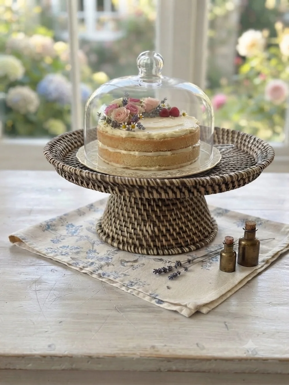 Vintage / Bohemian Collectibles.  Woven Rattan Pedestal Cake Stand